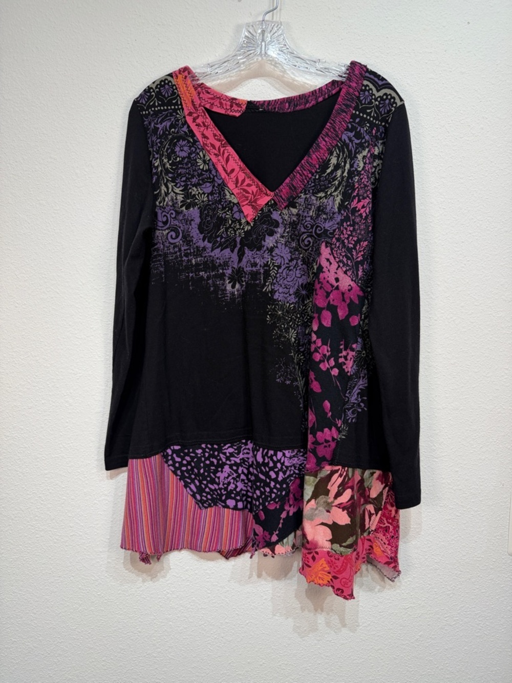 Women’s Black V-Neck Patchwork Boho Festival Long Sleeve Soft Cotton Top XL